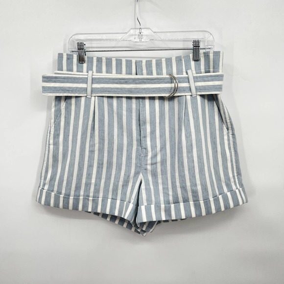 Frame Chambray and White Stripe Paperbag A-Line Linen Blend Shorts Size 6 - Picture 4 of 11